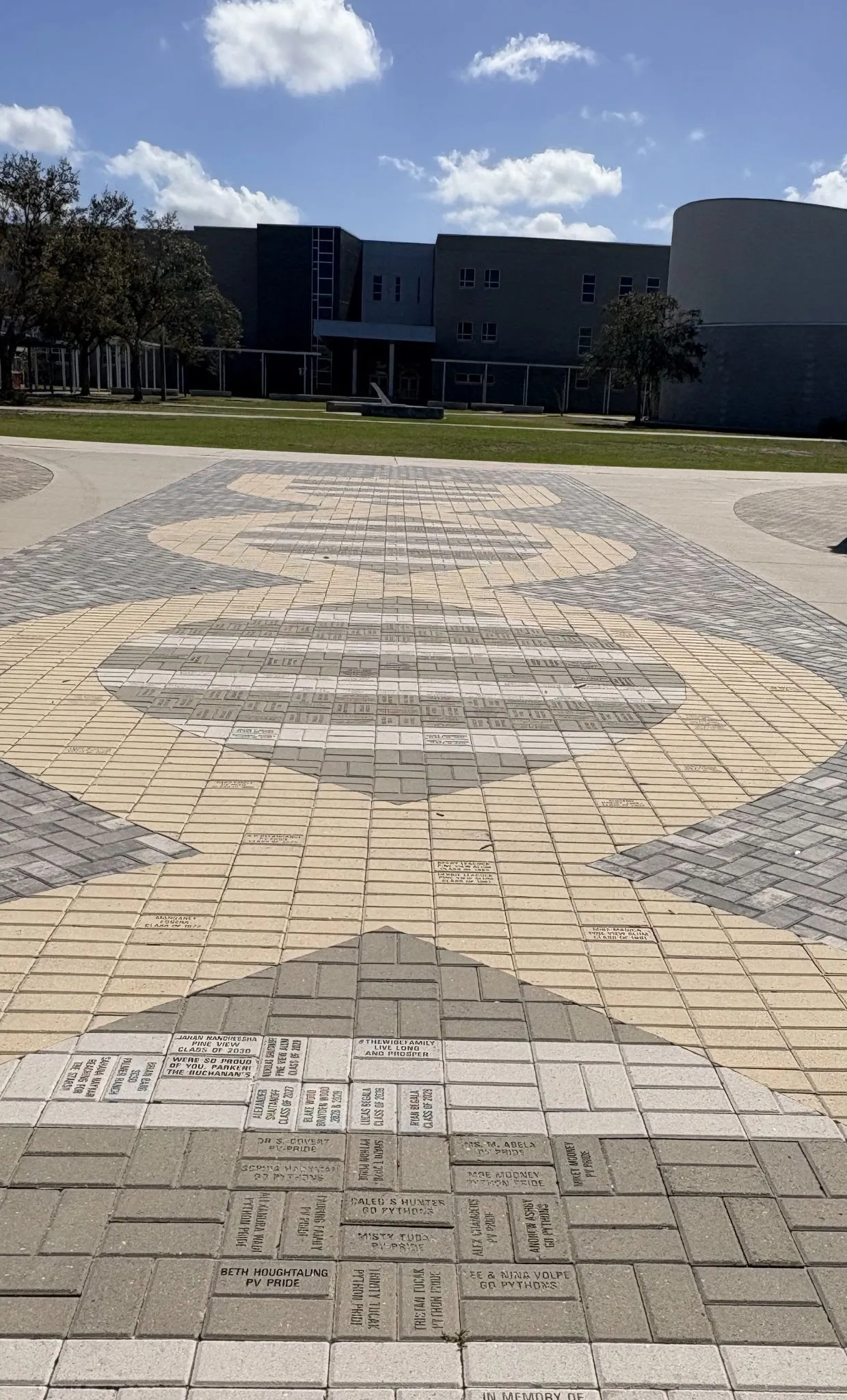Pine View campus courtyard with the python emblem set in engraved DNA pavers