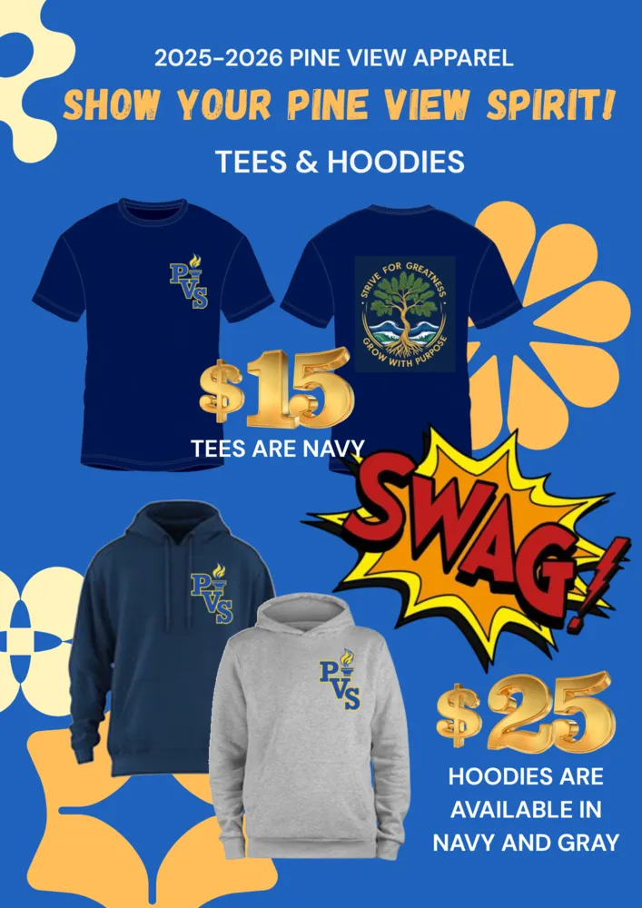 2025–2026 Pine View apparel: tees in navy ($15) and hoodies in navy and gray ($25). Show your Pine View spirit.